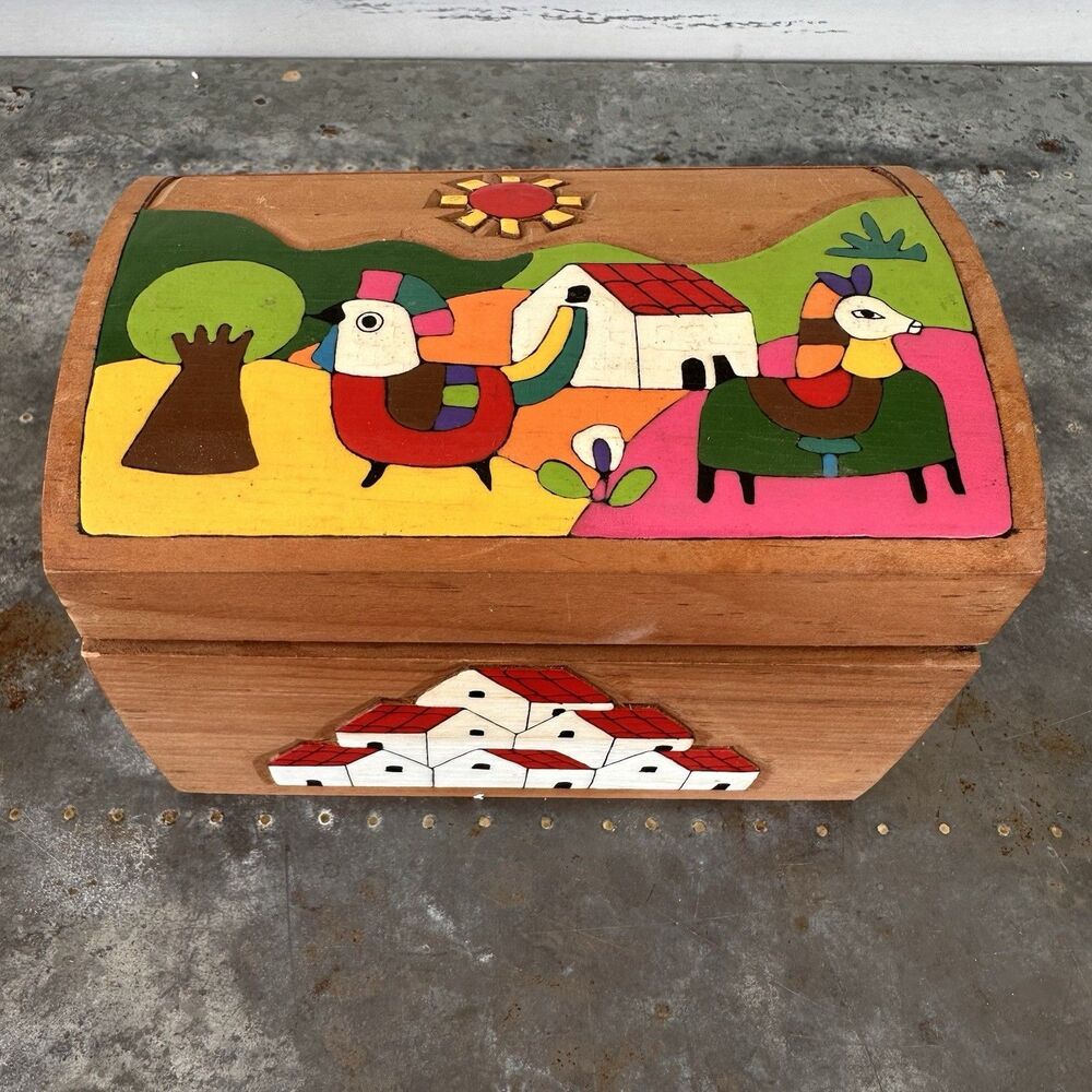 Vintage El Salvador Hand Carved Wood Box La Palma Folk Art Habitat For Humanity